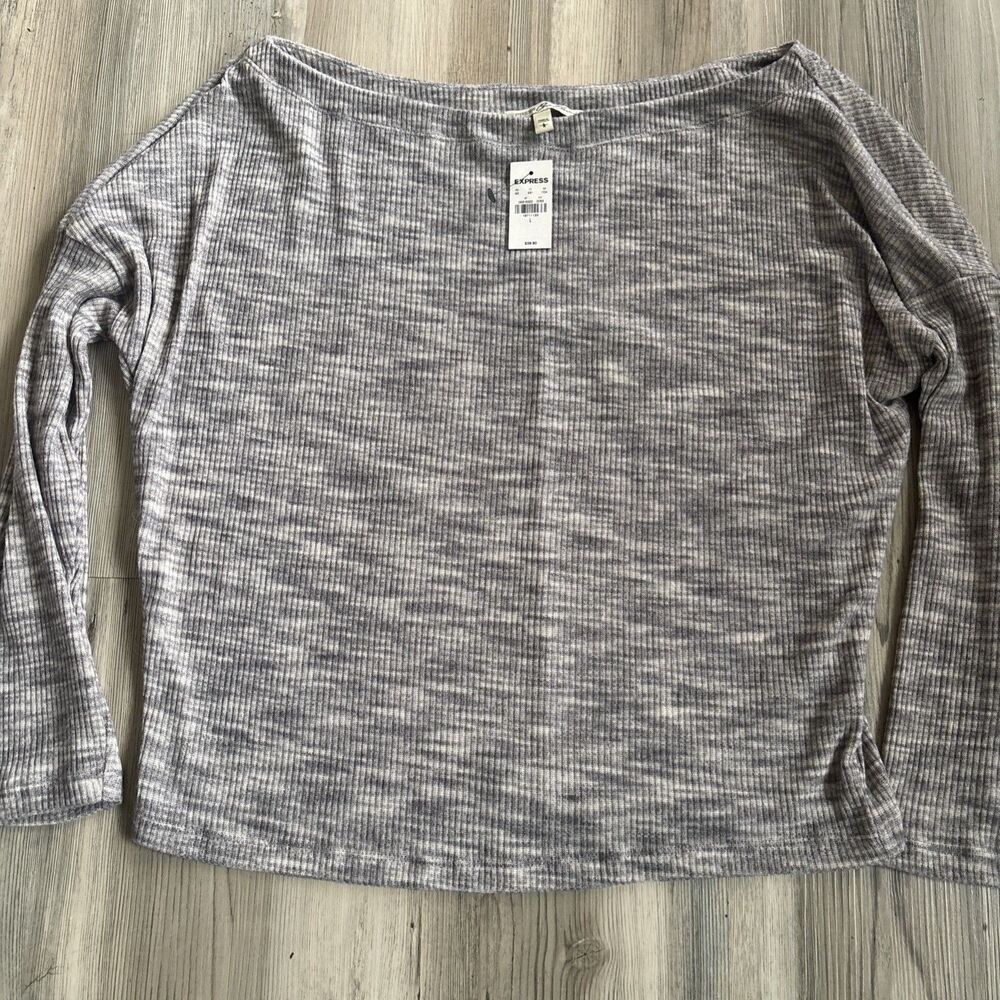 NWT Express One Eleven Gray White Waffle Long Sleeved Short Swoop Off Shoulder L